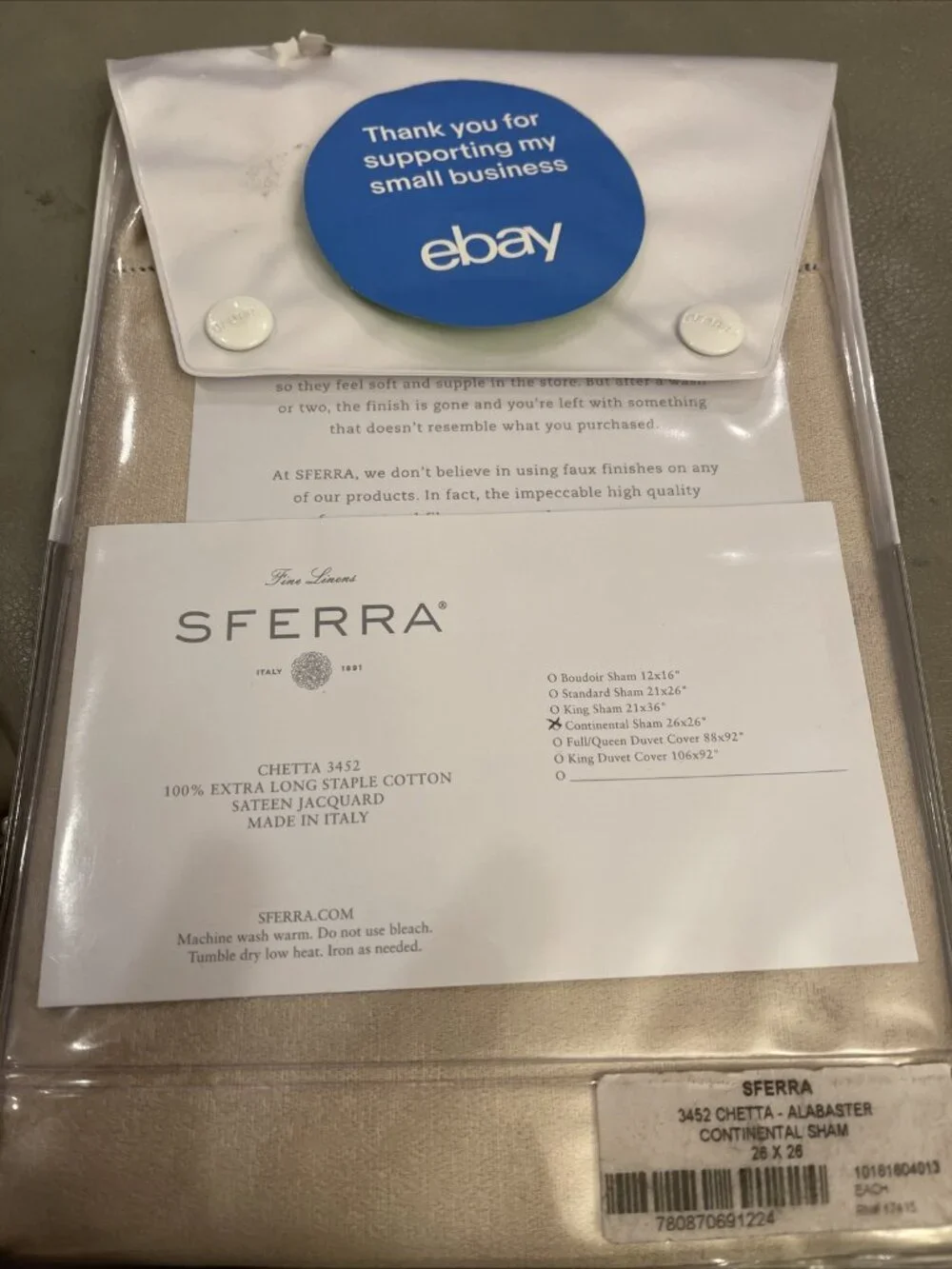 Sferra Alabaster Chetta Continental Euro European Sham 26x26 100% Cotton Sateen